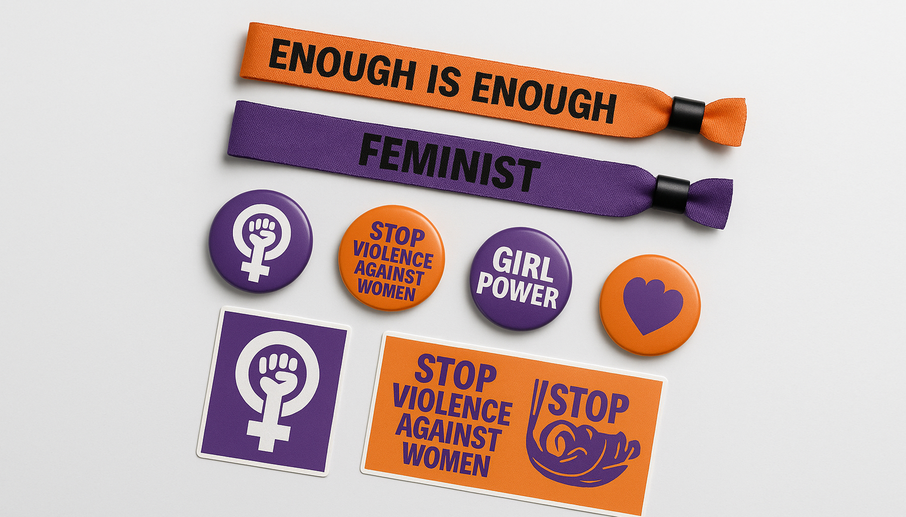 Merchandising contra la violencia machista Pulseras de tela, chapas y pegatinas personalizadas con temática feminista